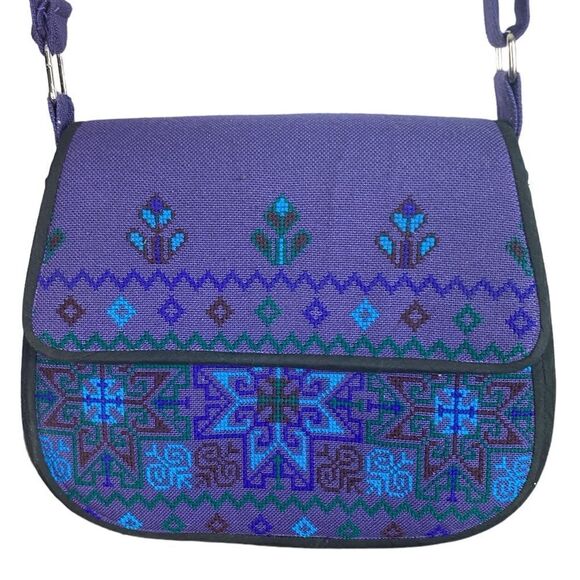 Blue Purple Embroidered Star Cross Adjustable Crossbody Hard Body Cotton Purse - Picture 1 of 6